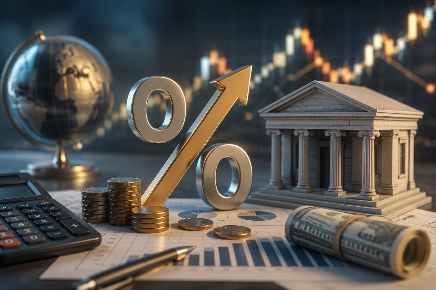Interest Rate (Rata dobânzii), reprezentând banca centrală, grafice economice, monede, credite și influența dobânzilor asupra economiei.