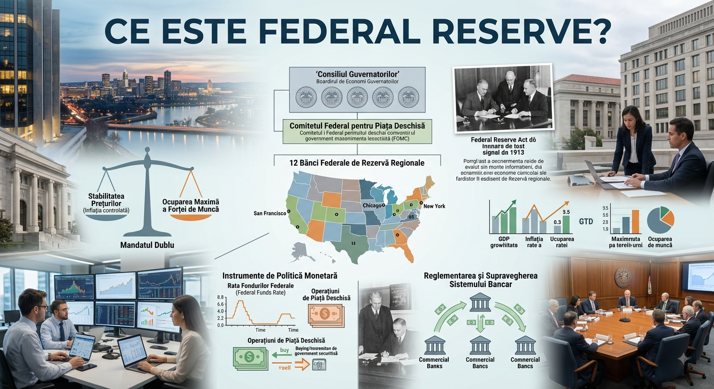 O diagramă infografică detaliată care ilustrează funcțiile cheie ale Federal Reserve (Fed), inclusiv politica monetară, stabilitatea prețurilor, ocuparea forței de muncă și supravegherea bancară.