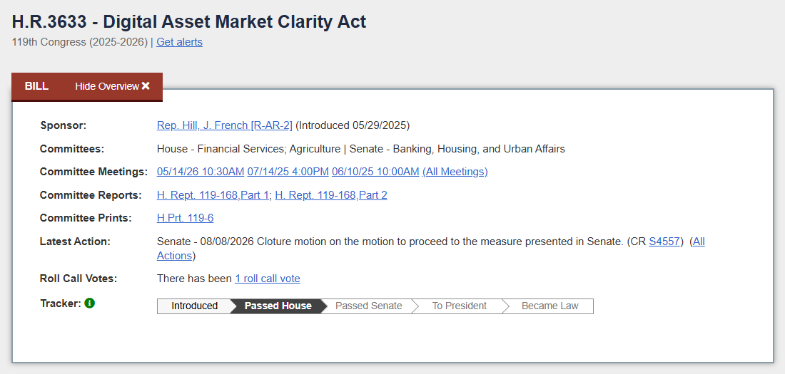 H.R. 3633 Digital Asset Market CLARITY Act în Congresul SUA